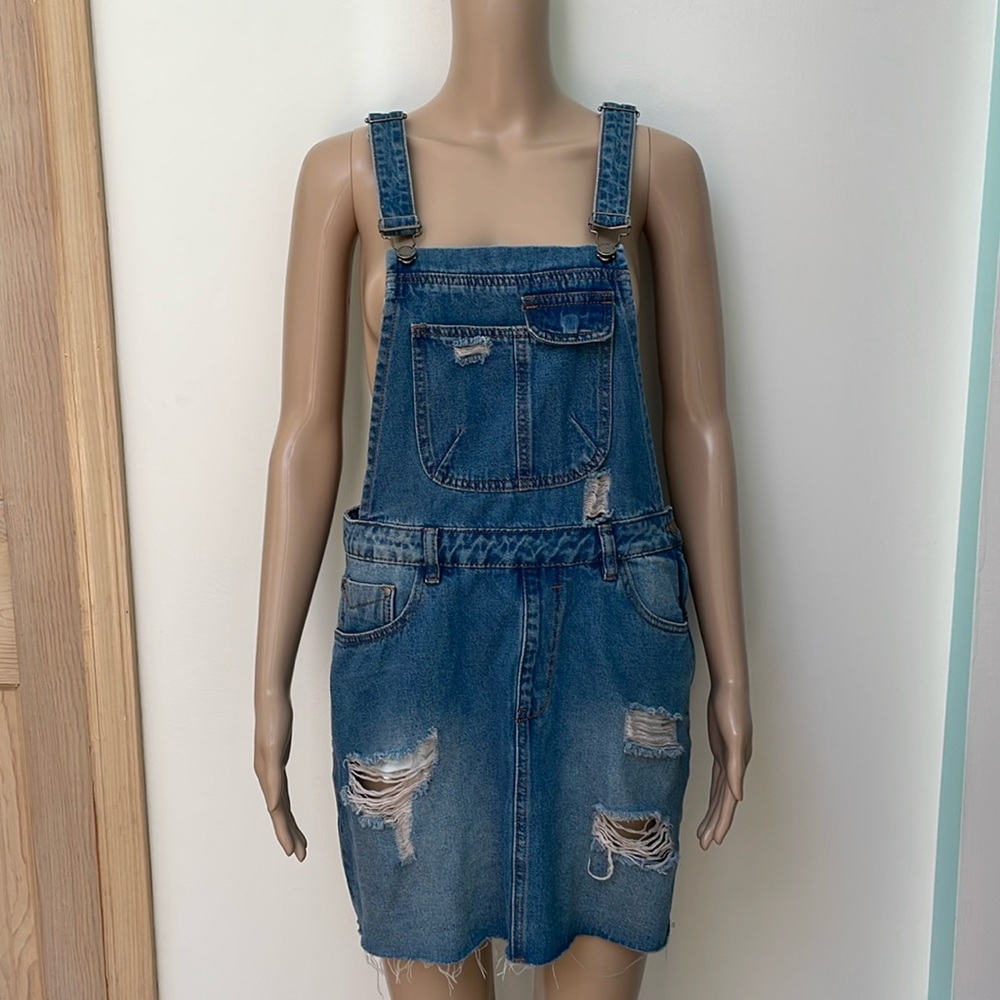 Denim Overalls Skirt Women Blue Size 10 Jean Distressed Raw Hem Pockets